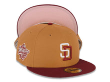 Load image into Gallery viewer, San Diego Padres New Era MLB 59FIFTY 5950 Fitted Cap Hat Tan Crown Cardinal Visor Cream/Cardinal Logo 1998 World Series Side Patch Pink UV