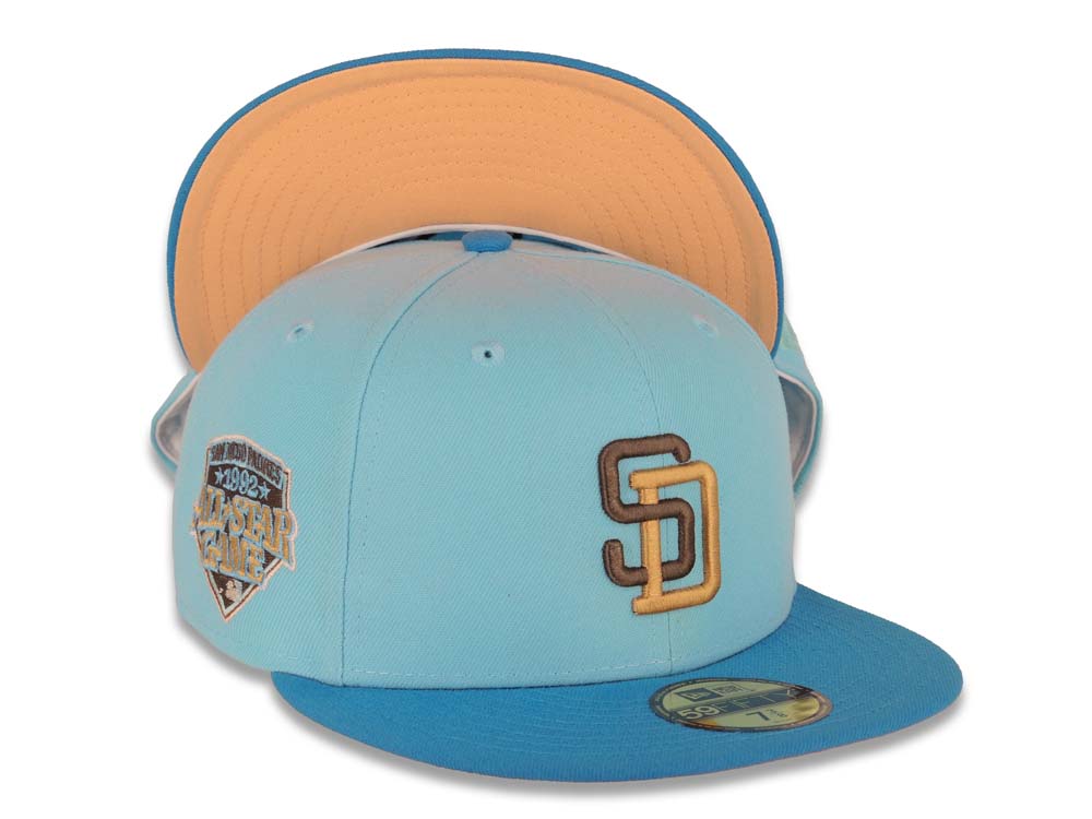 San Diego Padres New Era MLB 59FIFTY 5950 Fitted Cap Hat Sky Blue Crown Metallic Gold Visor Royal Blue/Brown Logo 40th Anniversary Side Patch 7 1/8