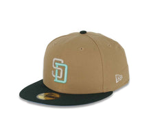 Load image into Gallery viewer, San Diego Padres New Era MLB 59FIFTY 5950 Fitted Cap Hat Khaki Crown Dark Green Visor Khaki/Light Teal Logo 1998 World Series Side Patch Sky Blue UV