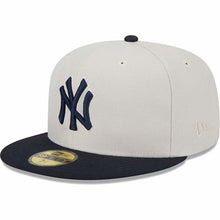 Load image into Gallery viewer, New York Yankees New Era MLB 59FIFTY 5950 Fitted Cap Hat Stone Gray Crown Navy Visor Navy Logo Back Log Patches (World Class)