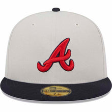 Load image into Gallery viewer, Atlanta Braves New Era MLB 59FIFTY 5950 Fitted Cap Hat Stone Gray Crown Navy Blue Visor Red/Navy Logo Back Logo Patch (World Class)