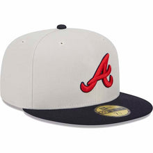 Load image into Gallery viewer, Atlanta Braves New Era MLB 59FIFTY 5950 Fitted Cap Hat Stone Gray Crown Navy Blue Visor Red/Navy Logo Back Logo Patch (World Class)