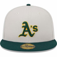 Load image into Gallery viewer, Oakland A's Athletics New Era MLB 59FIFTY 5950 Fitted Cap Hat Stone Gray Crown Dark Green Visor Team Color Logo Back Logo Patches (World Class)