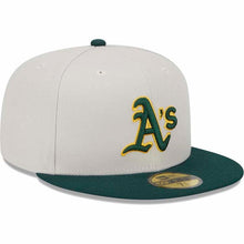 Load image into Gallery viewer, Oakland A's Athletics New Era MLB 59FIFTY 5950 Fitted Cap Hat Stone Gray Crown Dark Green Visor Team Color Logo Back Logo Patches (World Class)