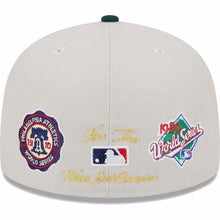 Load image into Gallery viewer, Oakland A's Athletics New Era MLB 59FIFTY 5950 Fitted Cap Hat Stone Gray Crown Dark Green Visor Team Color Logo Back Logo Patches (World Class)