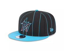 Load image into Gallery viewer, Miami Marlins New Era MLB 9FIFTY 950 Snapback Cap Hat Black Pinstripe Crown Teal Visor Team Color Logo