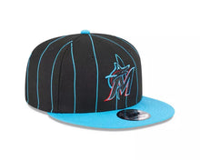 Load image into Gallery viewer, Miami Marlins New Era MLB 9FIFTY 950 Snapback Cap Hat Black Pinstripe Crown Teal Visor Team Color Logo