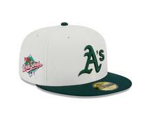 Load image into Gallery viewer, Oakland A's Athletics New Era MLB 59FIFTY 5950 Fitted Cap Hat Cream Crown Green Visor Green Logo 1989 World Series Side Patch