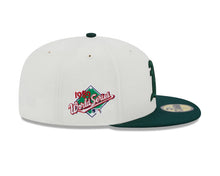 Load image into Gallery viewer, Oakland A's Athletics New Era MLB 59FIFTY 5950 Fitted Cap Hat Cream Crown Green Visor Green Logo 1989 World Series Side Patch