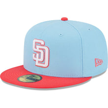 Load image into Gallery viewer, (Youth) San Diego Padres New Era MLB 59FIFTY 5950 Kids Fitted Cap Hat Sky Blue Crown Pink Visor White Logo (2-Tone Color Pack)