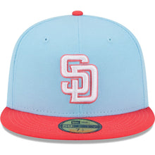 Load image into Gallery viewer, (Youth) San Diego Padres New Era MLB 59FIFTY 5950 Kids Fitted Cap Hat Sky Blue Crown Pink Visor White Logo (2-Tone Color Pack)