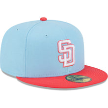 Load image into Gallery viewer, (Youth) San Diego Padres New Era MLB 59FIFTY 5950 Kids Fitted Cap Hat Sky Blue Crown Pink Visor White Logo (2-Tone Color Pack)