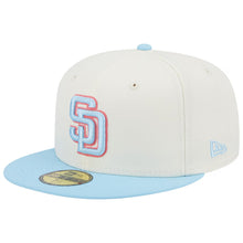 Load image into Gallery viewer, (Youth) San Diego Padres New Era MLB 59FIFTY 5950 Kid Fitted Cap Hat Cream Crown Sky Blue Visor Sky Blue/Pink Logo (2-Tone Color Pack)