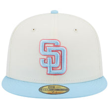 Load image into Gallery viewer, (Youth) San Diego Padres New Era MLB 59FIFTY 5950 Kid Fitted Cap Hat Cream Crown Sky Blue Visor Sky Blue/Pink Logo (2-Tone Color Pack)