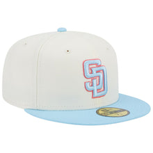Load image into Gallery viewer, (Youth) San Diego Padres New Era MLB 59FIFTY 5950 Kid Fitted Cap Hat Cream Crown Sky Blue Visor Sky Blue/Pink Logo (2-Tone Color Pack)
