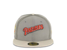 Load image into Gallery viewer, San Diego Padres New Era MLB 59FIFTY 5950 Fitted Cap Hat Gray Crown Stone Visor Metallic Red/Metallic White Script Logo 25th Anniversary Side Patch
