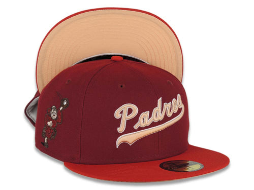 San Diego Padres New Era MLB 59FIFTY 5950 Fitted Cap Hat Cardinal Crown Red Visor Peach Script Logo Peach UV