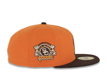 Load image into Gallery viewer, San Diego Padres New Era MLB 59FIFTY 5950 Fitted Cap Hat Dark Orange Crown Dark Brown Visor Dark Orange Waving Friar Logo Stadium Side Patch Green UV