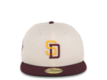 Load image into Gallery viewer, San Diego Padres New Era MLB 59FIFTY 5950 Fitted Cap Hat Cream Crown Maroon Visor Dark Yellow/Maroon Logo 1998 World Series Side Patch Green UV
