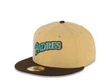 Load image into Gallery viewer, San Diego Padres New Era MLB 59FIFTY 5950 Fitted Cap Hat Vegas Gold Crown Brown Visor Teal/Brown Script Logo 1992 All-Star Game Side Patch Gray UV