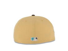 Load image into Gallery viewer, San Diego Padres New Era MLB 59FIFTY 5950 Fitted Cap Hat Vegas Gold Crown Brown Visor Teal/Brown Script Logo 1992 All-Star Game Side Patch Gray UV