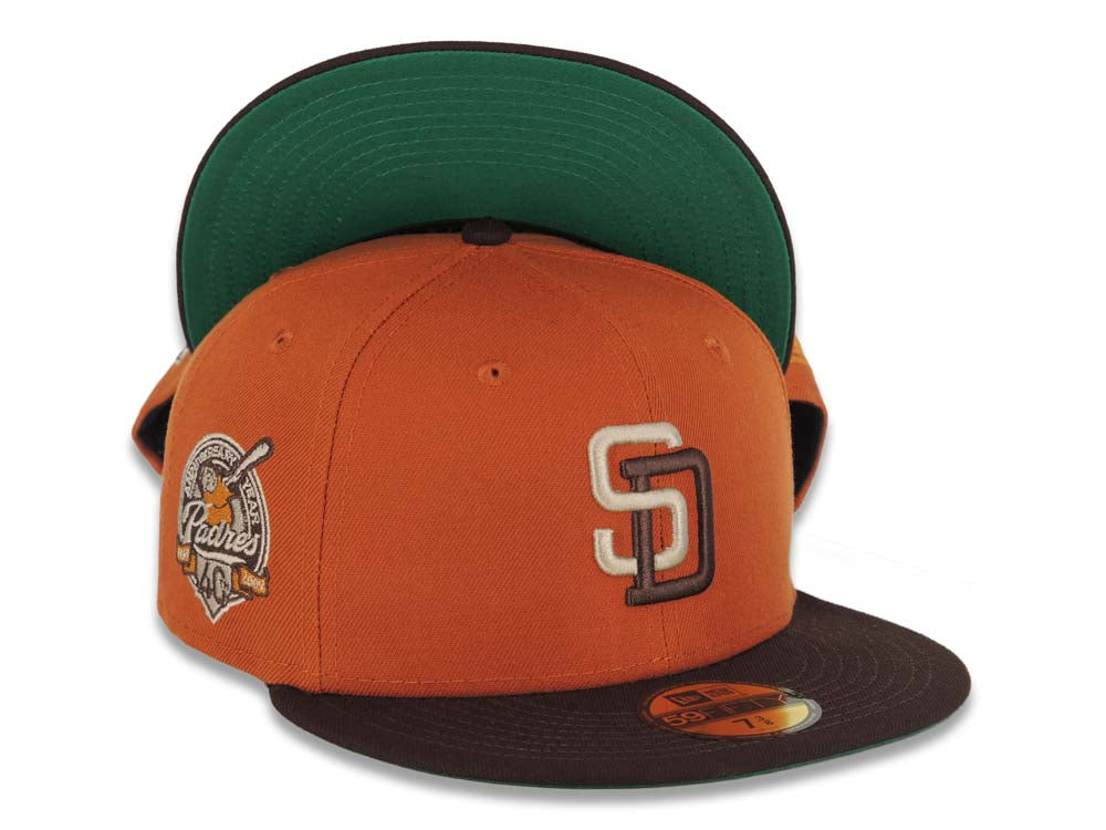 San Diego Padres New Era MLB 59FIFTY 5950 Fitted Cap Hat Dark Brown Crown Orange Logo San Diego Stadium Side Patch Green UV 7 5/8