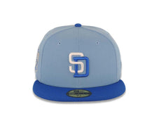 Load image into Gallery viewer, San Diego Padres New Era MLB 59FIFTY 5950 Fitted Cap Hat Sky Blue Crown Blue Azure Visor White/Royal Blue Logo 25th Anniversary Side Patch Gray UV