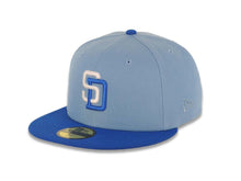 Load image into Gallery viewer, San Diego Padres New Era MLB 59FIFTY 5950 Fitted Cap Hat Sky Blue Crown Blue Azure Visor White/Royal Blue Logo 25th Anniversary Side Patch Gray UV