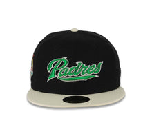 Load image into Gallery viewer, San Diego Padres New Era MLB 59FIFTY 5950 Fitted Cap Hat Black Canvas Crown Cream Visor Metallic Green/White Script Logo 40th Anniversary Side Patch