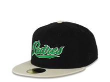 Load image into Gallery viewer, San Diego Padres New Era MLB 59FIFTY 5950 Fitted Cap Hat Black Canvas Crown Cream Visor Metallic Green/White Script Logo 40th Anniversary Side Patch