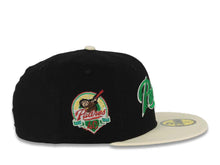 Load image into Gallery viewer, San Diego Padres New Era MLB 59FIFTY 5950 Fitted Cap Hat Black Canvas Crown Cream Visor Metallic Green/White Script Logo 40th Anniversary Side Patch