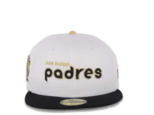 Load image into Gallery viewer, San Diego Padres New Era MLB 59FIFTY 5950 Fitted Cap Hat White Crown Black Visor Black/Metallic Gold Script Logo 25th Anniversary Side Patch Gray UV