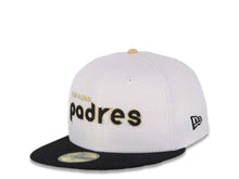 Load image into Gallery viewer, San Diego Padres New Era MLB 59FIFTY 5950 Fitted Cap Hat White Crown Black Visor Black/Metallic Gold Script Logo 25th Anniversary Side Patch Gray UV