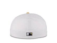 Load image into Gallery viewer, San Diego Padres New Era MLB 59FIFTY 5950 Fitted Cap Hat White Crown Black Visor Black/Metallic Gold Script Logo 25th Anniversary Side Patch Gray UV
