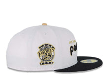 Load image into Gallery viewer, San Diego Padres New Era MLB 59FIFTY 5950 Fitted Cap Hat White Crown Black Visor Black/Metallic Gold Script Logo 25th Anniversary Side Patch Gray UV