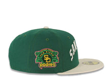 Load image into Gallery viewer, San Diego Padres New Era MLB 59FIFTY 5950 Fitted Cap Hat Green Crown Cream Visor Cream Script Logo Stadium Side Patch Gray UV