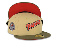 Load image into Gallery viewer, San Diego Padres New Era MLB 59FIFTY 5950 Fitted Cap Hat Yellow Green Crown Olive Visor Red/White/Black Script Logo 40th Anniversary Side Patch Red UV