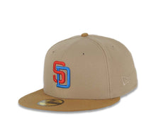 Load image into Gallery viewer, San Diego Padres New Era MLB 59FIFTY 5950 Fitted Cap Hat Khaki Crown Wheat Visor Blue/Red Logo 40th Anniversary Side Patch Blue UV