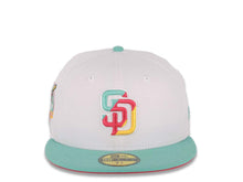 Load image into Gallery viewer, (City Connect Colors) San Diego Padres New Era MLB 59FIFTY 5950 Fitted Cap Hat White Crown Teal Visor Teal/Magenta/Yellow 40th Anniversary Side Patch