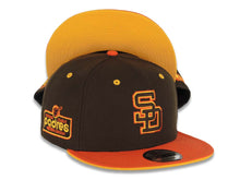 Load image into Gallery viewer, San Diego Padres New Era MLB 9FIFTY 950 Snapback Cap Hat Brown Crown Orange Visor Brown/Yellow/Orange Logo NL West Side Patch Yellow UV