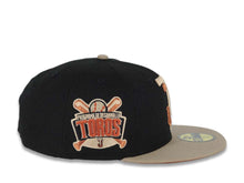 Load image into Gallery viewer, Tijuana Toros New Era LMB 59FIFTY 5950 Fitted Cap Hat Black Crown Khaki Visor Metallic Brown/Peach Logo Desarollo Toros Side Patch Dark Orange UV