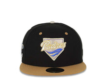 Load image into Gallery viewer, San Diego Padres New Era MLB 59FIFTY 5950 Fitted Cap Hat Black Crown Wheat Visor Metallic Gold/Metallic White Logo Stadium Side Patch