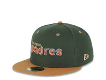 Load image into Gallery viewer, San Diego Padres New Era MLB 59FIFTY 5950 Fitted Cap Hat Green Crown Light Brown Visor Metallic Brown/Pale Purple Script Logo 25th Anniversary Side Patch