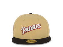 Load image into Gallery viewer, San Diego Padres New Era MLB 59FIFTY 5950 Fitted Cap Hat Yellow Green Crown Black Visor White/Metallic Red Script Logo 25th Anniversary Side Patch