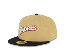 Load image into Gallery viewer, San Diego Padres New Era MLB 59FIFTY 5950 Fitted Cap Hat Yellow Green Crown Black Visor White/Metallic Red Script Logo 25th Anniversary Side Patch