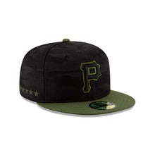 Load image into Gallery viewer, (Youth) Pittsburgh Pirates New Era MLB 59FIFTY 5950 Kids Fitted Cap Hat Black Camo Crown Olive Green Visor Black/Olive Logo