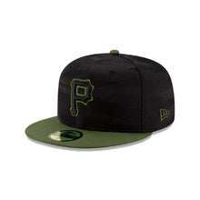Load image into Gallery viewer, (Youth) Pittsburgh Pirates New Era MLB 59FIFTY 5950 Kids Fitted Cap Hat Black Camo Crown Olive Green Visor Black/Olive Logo