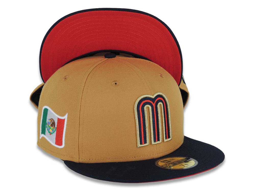 Mexico New Era 59FIFTY 5950 Fitted Cap Hat Tan Crown Navy Blue Visor Red/Navy/Metallic Gold Logo Red UV 6 7/8