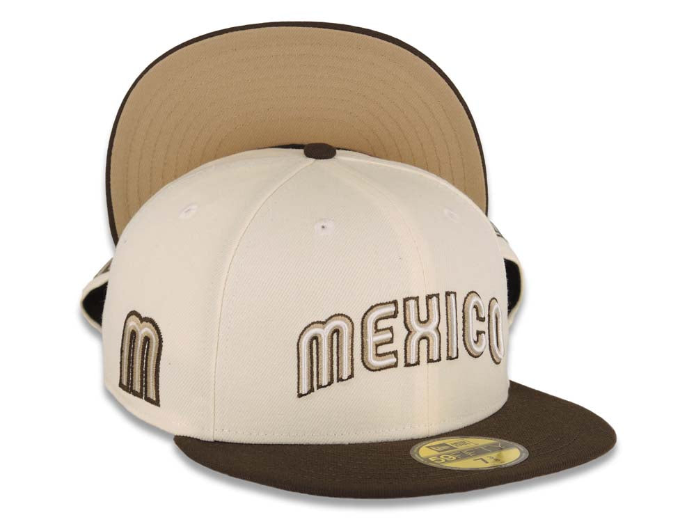 Mexico New Era World Baseball Classic Wbc 59FIFTY 5950 Fitted Cap Hat Cream Crown Brown Visor Brown/White Logo Khaki UV 7