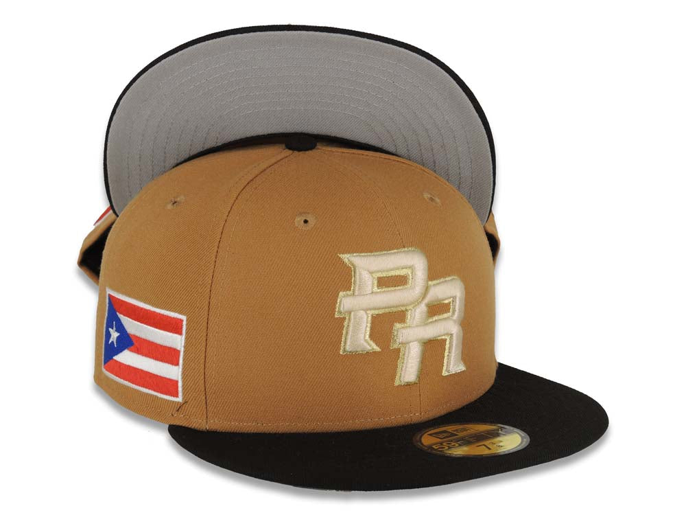 Puerto Rico New Era World Baseball Classic Wbc 59FIFTY 5950 Fitted Cap Hat Light Brown Crown Black Visor White/Metallic Gold Logo Gray UV 7 7/8